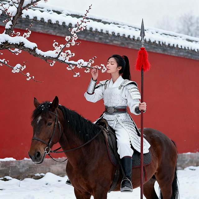 红色背景墙干净整洁，画面左侧有梅枝横向伸出，墙头、梅枝、地面上有积雪。主体是骑着马的女将军坐在马上，左手拿着红缨长矛，右手轻扶梅花，闭眼轻轻闻梅花香。