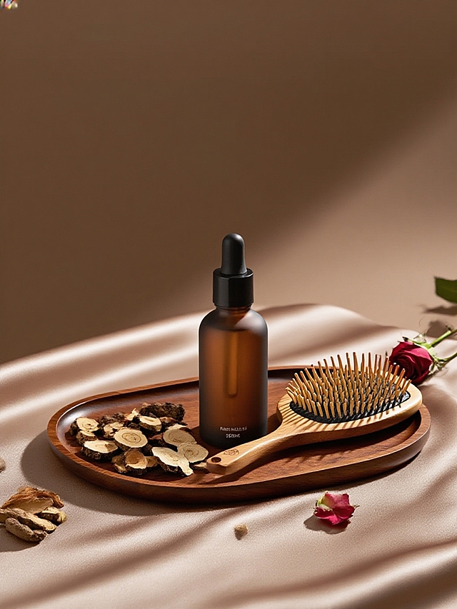 商业静物摄影。主体置于浅咖色丝绸桌布的木质托盘上，桌上有原木经络梳和中药切片、小朵玫瑰花。棕色背景。简约高级的光影。