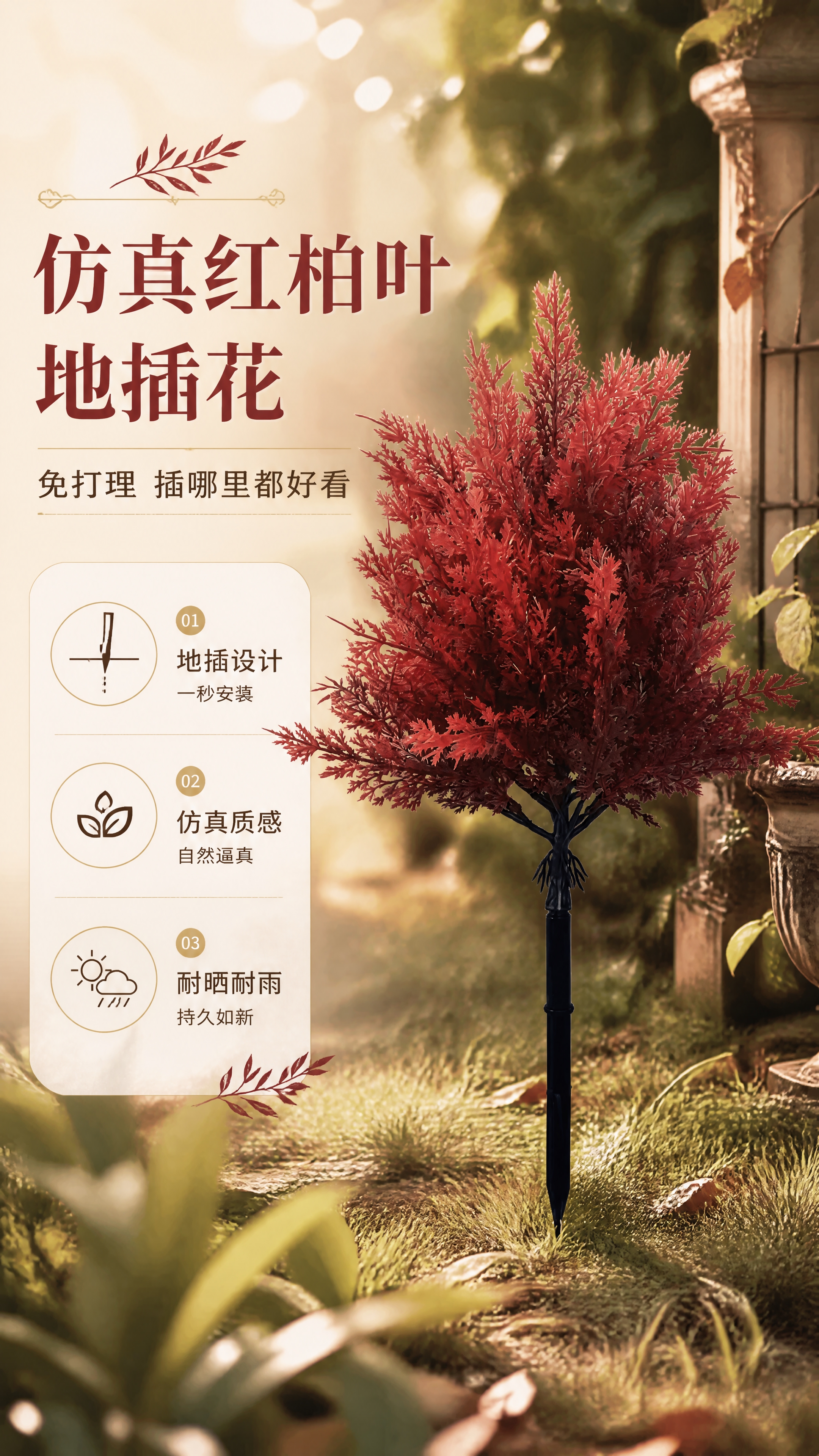 [商品] 使用【图1】酒红色仿真柏叶地插装饰摆件；保留完整柏叶… - 图片创意预览