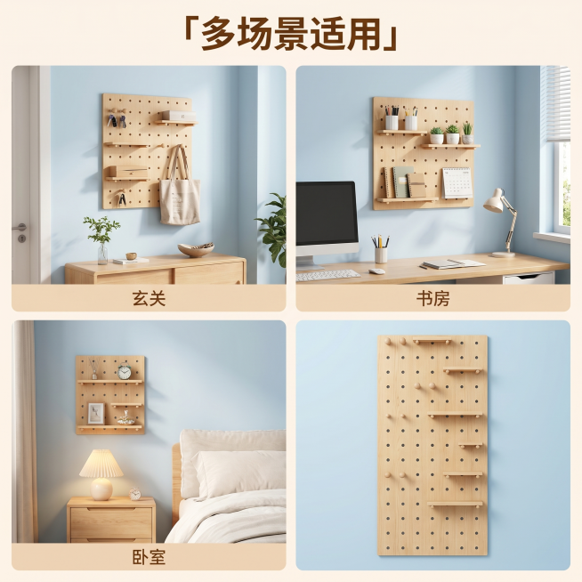 [主图 4] 新西兰实木洞洞板多场景适配展示图。[氛围风格] 清新治愈原木风，温馨居家氛围感。[画质] 商业摄影质感，光线柔和通透，产品清晰真实，画面干净高级。[元素] 采用画中画拼图版式，左上展示洞预览效果