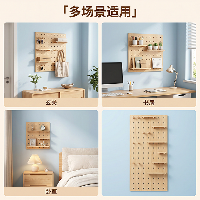 [主图 4] 新西兰实木洞洞板多场景适配展示图。[氛围风格] 清新治愈原木风，温馨居家氛围感。[画质] 商业摄影质感，光线柔和通透，产品清晰真实，画面干净高级。[元素] 采用画中画拼图版式，左上展示洞洞板在玄关墙面安装效果，右上展示在书房墙面效果，左下展示在卧室床头效果，右下保留完整产品主视图，每个小场景中保持洞洞板外观材质与输入产品图绝对一致，杜绝变形色差，精细化处理。每个小场景背景都用淡蓝色墙面，浅原木装饰，整体风格统一，每张画框标注场景名称。画面整体干净整洁，产品主体突出。[光影] 每个分镜都保持统一自然柔和光线，光影均匀通透，整体光影风格一致。[配色] 统一淡蓝色为主色调，搭配浅原木色，整体清新治愈和谐。[视角构图] 四格拼图版式，每个场景比例均匀，整体1:1满屏无边框。[文字版式] 顶部居中大字「多场景适用」，深木色粗体；每个小画框底部标注对应场景名称「玄关」「书房」「卧室」，浅色小字体，文字不遮挡产品主体，排版清晰规整。[比例分辨率] 1:1比例，2k分辨率，文字清晰锐利，画面超高清。[负向提示词] 变形，水印，文字错乱，产品图模糊，背景杂乱，遮挡主体。