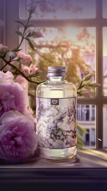 去除图中所有文字，保留原有的玫瑰纯露产品、粉色玫瑰花、窗户背景，保持整体风格和构图不变预览效果