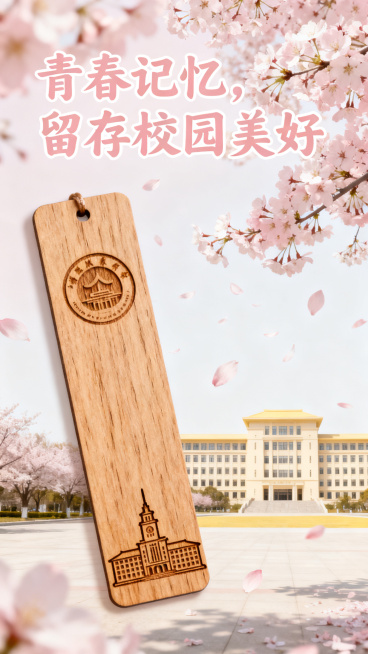 校园文创营销海报，主体展示木质校园风景纪念书签，画面搭配校园樱花、图书馆元素，包含文字文案"青春记忆，留存校园美好"，清新治愈风格，暖色调，排版简洁，适合宣传推广，保证包含产品图案和校园主题文案，贴合预览效果