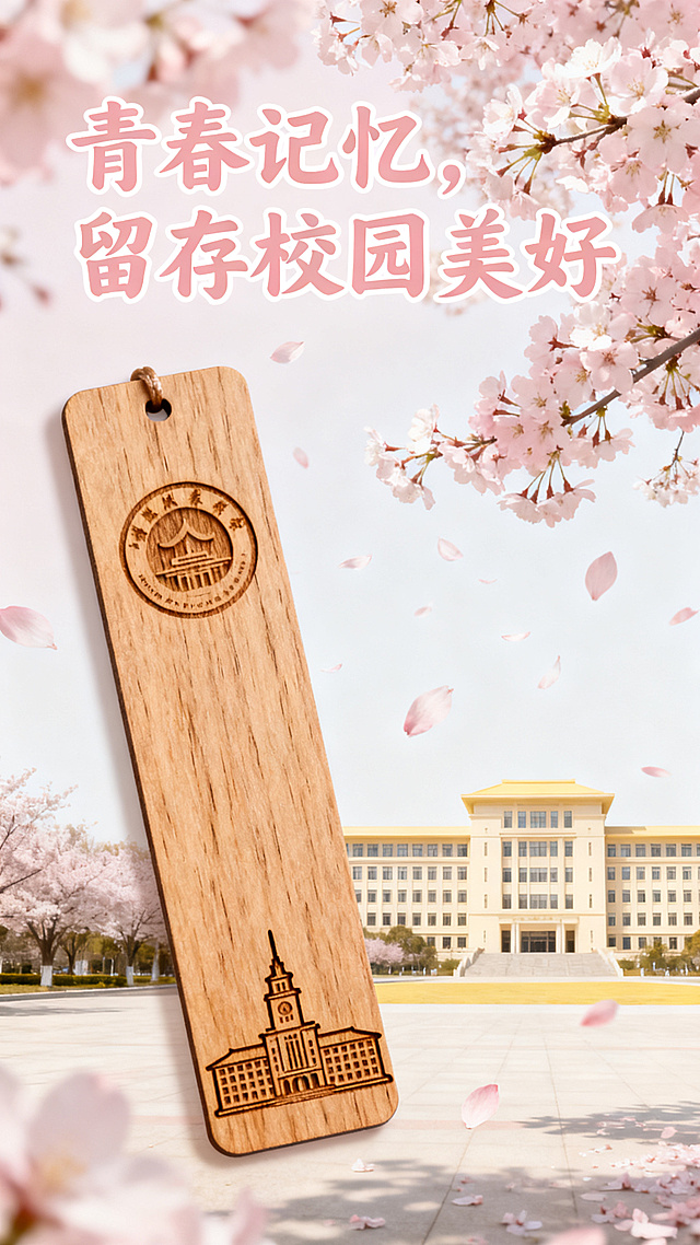 校园文创营销海报，主体展示木质校园风景纪念书签，画面搭配校园樱花、图书馆元素，包含文字文案"青春记忆，留存校园美好"，清新治愈风格，暖色调，排版简洁，适合宣传推广，保证包含产品图案和校园主题文案，贴合文创产品调性