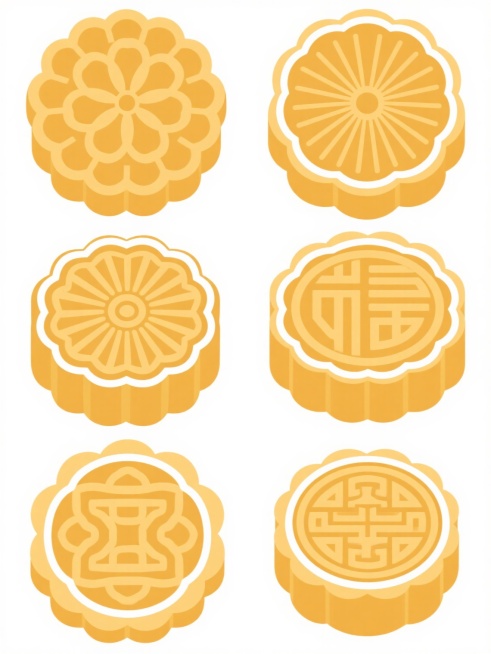 白色背景上整齐排列六个不同样式的月饼，月饼主体为金黄色，每个月饼表面有独特的传统花纹，包括多层花瓣纹、放射状线条纹、回字纹和几何图案等，花纹线条清晰流畅，部分月饼边缘有白色轮廓装饰，整体呈现出简洁明快的矢量插画风格，构图对称平衡，视觉层次分明。预览效果