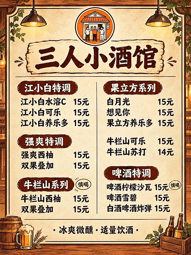 基于参考图的三人小酒馆菜单，保持所有文字内容和菜品价格不变，将'慎喝'文字修正正确，重新设计为3:4竖版比例的菜单海报，复古温馨的小酒馆风格，排版美观清晰，保留顶部小酒馆图标和底部'冰爽微醺·适量饮酒'标语，所有文字准确无误