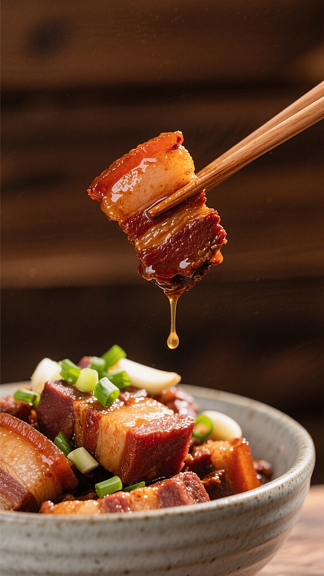 超写实美食摄影风格，特写镜头，一块被木质筷子夹起的红烧肉，肉皮焦红油亮，琥珀色的浓稠酱汁正从肉块边缘滴落，下方是装满同款红烧肉的浅灰色粗陶碗，碗中肉块层次分明，肥瘦相间，表面点缀着翠绿的葱花和蒜片，背景为模糊的深棕色木质纹理，营造出温暖诱人的氛围，光线从斜上方照射，强调肉质的细腻纹理和酱汁的光泽感，景深控制精准，主体清晰背景虚化，整体色调以红棕色为主，色彩浓郁和谐。