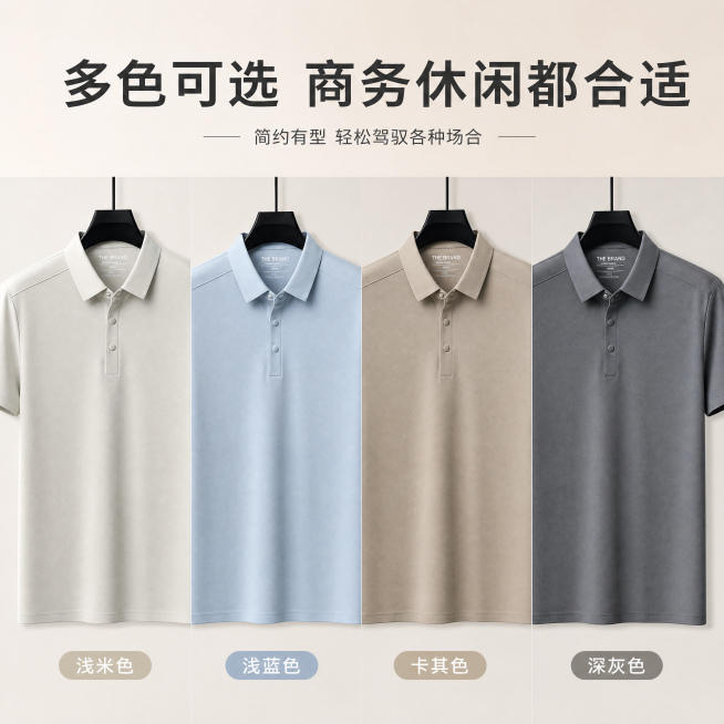 [主图-5] 多色男士POLO衫集合展示，包含浅米色、浅蓝色、卡其色、深灰色四款，保持各颜色POLO衫版型、材质、质感和原产品一致，杜绝变形色差。[氛围风格] 成熟稳重选择展示风。[画质] 商业摄影质预览效果