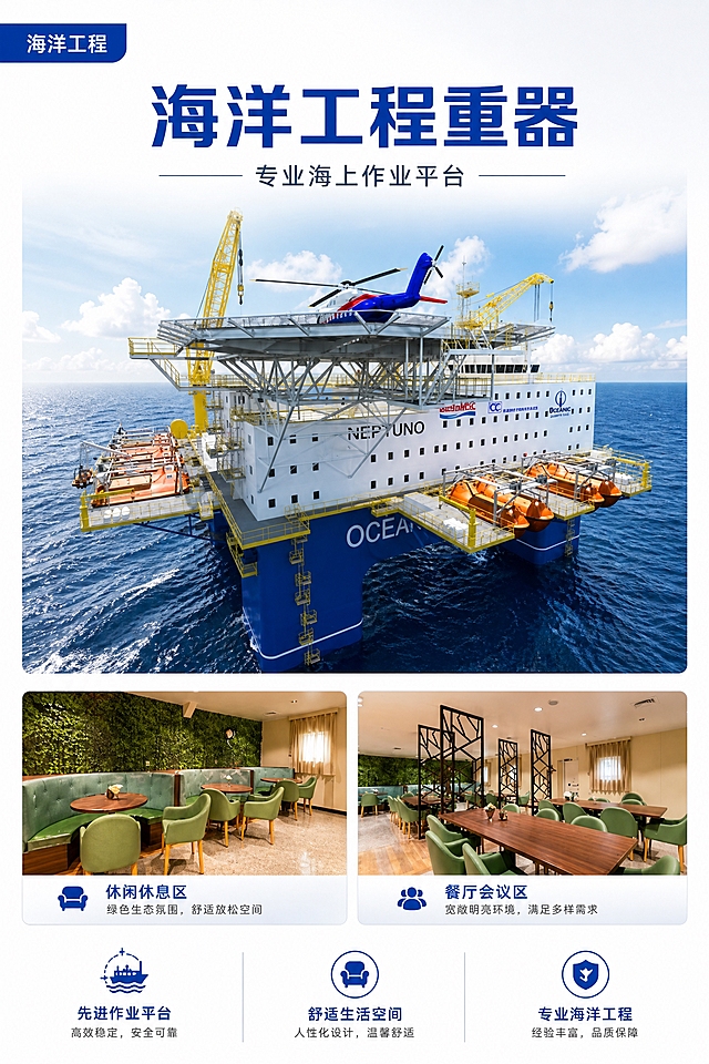 将上传的海洋工程船图片重绘为A4竖版画册风格海报，以白色为主色调，简洁大气。画面上半部分为海洋工程船主视觉，白色船体配蓝色船底，甲板上有黄色起重机和蓝色直升机，航行在深蓝色海面上，天空晴朗有白云，保留船名"NEPTUNO"和"OCEAN"字样清晰可见。画面下半部分左右分栏展示两张内饰图：左侧为休闲休息区，绿色沙发座椅配圆形餐桌，绿植墙面装饰；右侧为餐厅会议区，长条形木质餐桌配绿色座椅，工业风黑色金属隔断。顶部左上角蓝色标签内写"海洋工程"。主标题"海洋工程重器"位于画面上方，副标题"专业海上作业平台"。底部有三条卖点标签："先进作业平台"、"舒适生活空间"、"专业海洋工程"。整体以白色为底色，搭配蓝色点缀，画册式极简精致排版，留白充足，版式精美，商业摄影质感，光影干净明亮，四周留安全边距，白色背景占比大，风格简约高端。画面中所有信息区域必须填充完整合理的内容，不得出现空白框或占位区域。