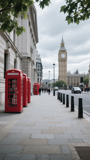 伦敦城市街景，阴天自然光，略带冷调的柔和色彩，高清晰度写实摄影风格，宽阔的石板人行道，左侧是具有古典浮雕装饰的灰白色石砌建筑，建筑旁立着多个标志性的鲜红色电话亭，右侧是排列整齐的黑色金属路桩，远处可见高耸的哥特式尖顶钟楼，顶部有白色圆形时钟，天空中飘着灰色云层，前景有绿色树叶的自然框架，光影柔和，阴影细节丰富，行人与车辆点缀其间，整体氛围宁静而充满欧式都市风情。预览效果