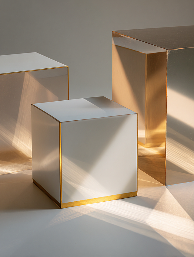 Polished geometric surfaces reflecting morning light, beveled prisms curved planes chamfered cubes, matte ceramic and metal composite material, precise calculated light reflection patterns on surfaces, thin gold lines tracing edges, soft morning top light with slight side lighting, evenly distributed illumination, warm golden reflection highlights, pure white with warm grey undertone background, minimal shadows to emphasize forms, material study art, surface treatment aesthetics, minimalist product design, digital fabrication texture, precision engineering visual --ar 3:4 --style raw --v 7 --s 200 --no handcrafted rustic aged irregular