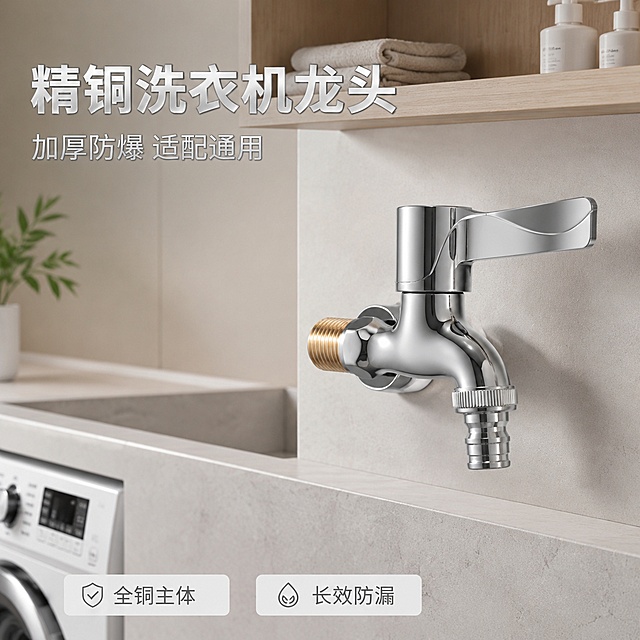 [主图-1] 厨卫空间场景下的洗衣机水龙头首图，展示安装后的整体效果。[氛围风格] 简约现代家装风，专业品质感。[画质] 商业摄影质感，光线柔和通透，产品清晰真实，画面干净高级。[元素] 保持产品外观（物理结构、材质质感、颜色）与输入产品图绝对一致，杜绝任何变形和色差，精细化处理。商品主体放置在浅灰色岩板台盆侧边，背景为浅米白墙面浅木色柜体，完整展示厨卫空间层次，商品主体占比约70%。画面满屏无边框。[光影] 侧前柔光为主光，墙面反射做填充，金属高光通透不溢，暗部有层次，整体明亮干净。[配色] 主色调浅灰+米白，产品镀铬亮银自然突出。[视角构图] 平视45°斜侧视角，景深适中，轮廓完整无裁切。[文字版式] 左上角负空间左对齐留安全边距，大字文案"精铜洗衣机龙头"，镀铬银色粗体无衬线；下方辅助短句"加厚防爆 适配通用"，约半高同色。底部安全边距均分两列，列一「全铜主体」列二「长效防漏」，浅灰字浅底，对比清晰。[输出要求] 1:1比例，文字清晰可辨，超高清商业摄影质感。[负向提示词] 变形，文字错乱，产品图模糊，背景杂乱，水印，电商平台Logo。