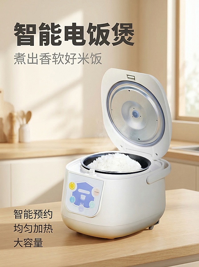 [垫图] https://gdesign-dam-hz.dancf.com/35860022369822835/fa1c0e33d04442a489f9c3c69cd61882.jpg
[主图主题] 电饭煲竖版电商海报
[氛围/风格] 简约清新家居风，暖调自然光，温馨厨房氛围，柔和光影漫射，空气感十足
[画面元素] 奶白色开盖电饭煲（外观与原图保持100%一致）居中放置，电饭煲内盛满蓬松饱满的白米饭，背景为干净明亮的现代简约厨房，浅木色台面搭配米白色墙面，窗边透过柔和自然光，光影在产品上形成自然渐变，背景铺满全屏无边框，主体占比约60%
[配色色系] 主色调：奶白色（电饭煲）；辅助色：浅木色（台面）、暖米色（背景），整体低饱和清新配色
[视角构图] 正面平视构图，景深适中，产品清晰突出
[文字版式] 主标题"智能电饭煲"，副标题"煮出香软好米饭"，左上角采用左文右图F型布局，主标题字号超大粗黑体，字色深灰，副标题中等字号浅灰；左下角垂直排列核心卖点："智能预约 \n均匀加热 \n大容量"，字体无衬线，文字全部直接悬浮于背景留白处，无底色，保持画面呼吸感，主标题大小是副标题的2倍以上，层级分明