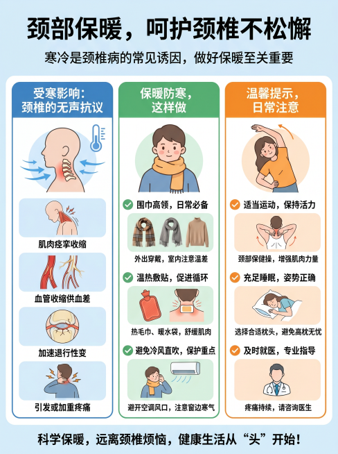 科普图文，主题：颈部保暖，呵护颈椎不松懈，内容说明颈部受寒对颈椎病的影响以及保暖方法，文字排版清晰，医疗健康科普风格，清晰明快，比例3:4预览效果