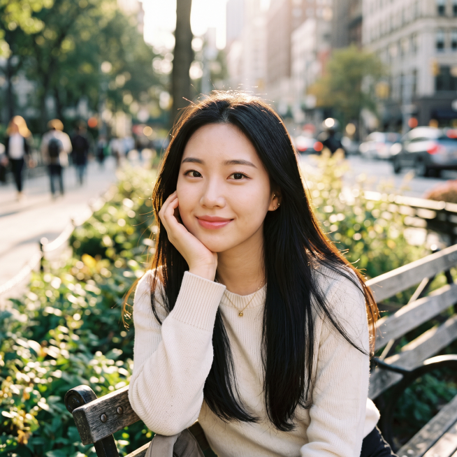 户外公园人像特写，年轻韩国女生，黑色长直发，手托脸颊看向镜头，背景是城市街景，皮肤通透细腻，发丝边缘有柔和光晕，ins风，浅景深虚化背景，8K高清 网感预览效果
