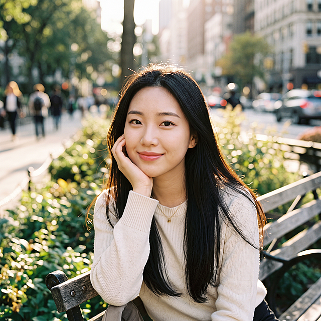 户外公园人像特写，年轻韩国女生，黑色长直发，手托脸颊看向镜头，背景是城市街景，皮肤通透细腻，发丝边缘有柔和光晕，ins风，浅景深虚化背景，8K高清 网感