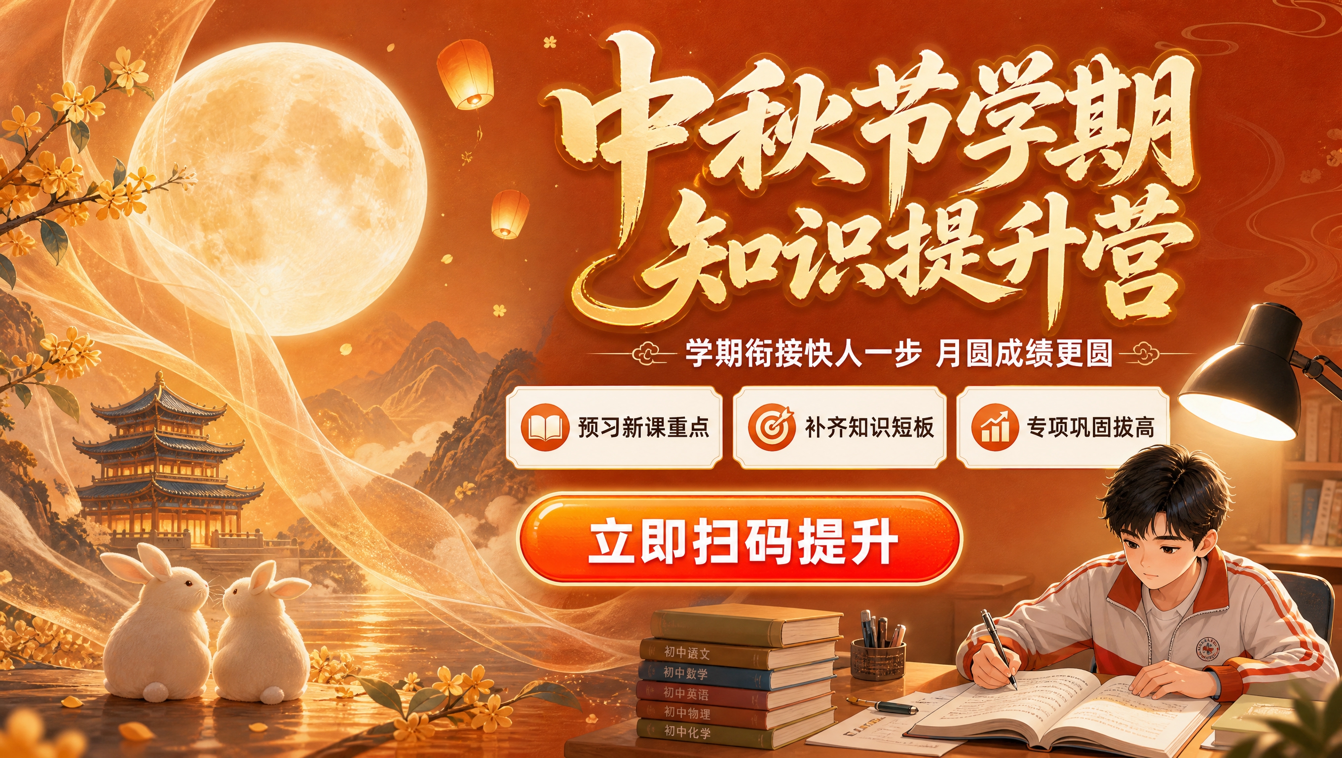 中秋节学期知识提升营课程招生横版海报，750x425横版比例。… - 图片创意预览