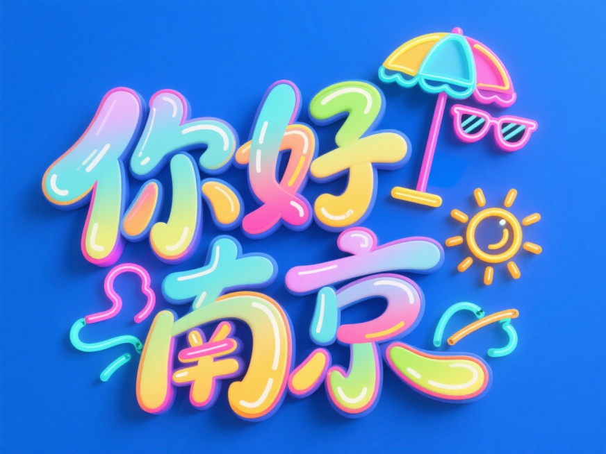 字体"你好南京"，创意字体设计增加遮阳伞、太阳、墨镜等夏日小元素元素，采用霓虹灯效果，涂鸦风格，蓝色背景。预览效果
