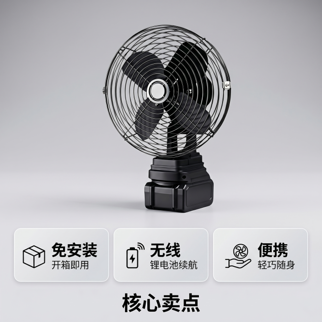 [主图 2] 锂电风扇核心卖点参数展示图
[氛围风格] 理性科技质感，简洁高级
[画质] 商业产品渲染质感，细节清晰锐利，干净通透
[元素] 黑色锂电风扇放置在画面中心偏上位置，保持产品外观、材质、颜预览效果