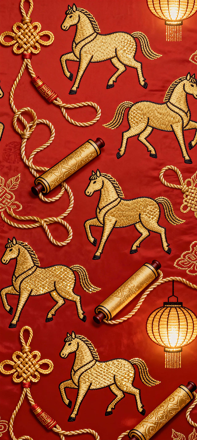 中国传统马形象的简笔画纹样重复错落排列，同时融入中国结、卷轴、灯笼等传统装饰元素，采用金色中国传统织锦风格，正红色背景