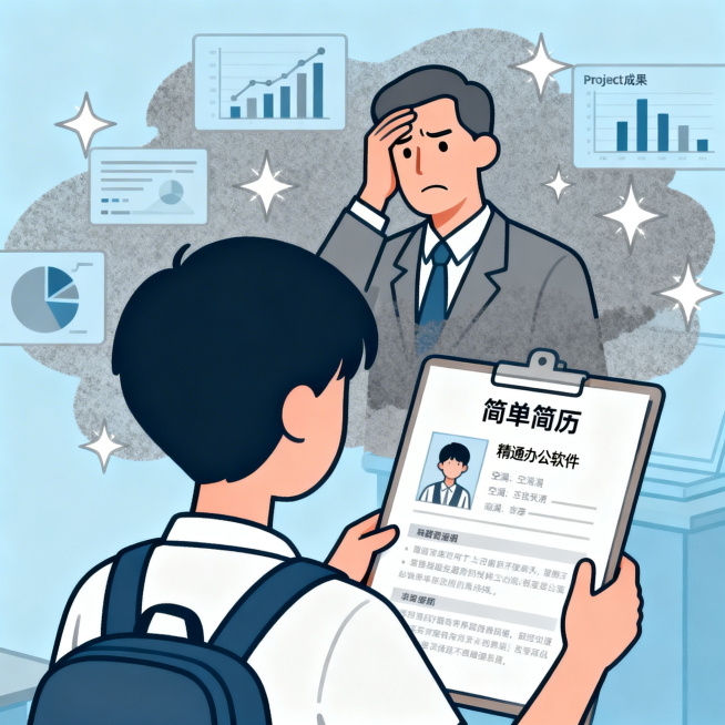 考研复试简历平平无亮点主题插画，学生提交一份单调的简历，上面只有‘精通办公软件’等空洞描述，背景是老师皱眉摇头，周围有数据图表、项目成果等闪光点被遮盖，突出缺乏重点与数据支撑的问题，扁平插画风格预览效果