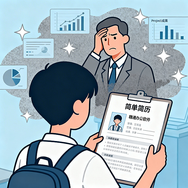 考研复试简历平平无亮点主题插画，学生提交一份单调的简历，上面只有‘精通办公软件’等空洞描述，背景是老师皱眉摇头，周围有数据图表、项目成果等闪光点被遮盖，突出缺乏重点与数据支撑的问题，扁平插画风格