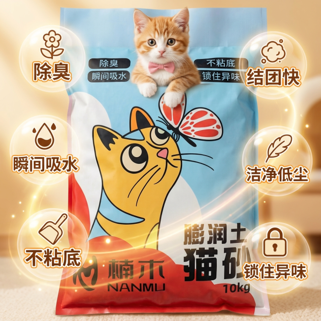 我是在拼多多卖猫砂的 帮我设计10张拼多多主图 要求可爱一点 吸睛一点 可以有小猫点缀预览效果