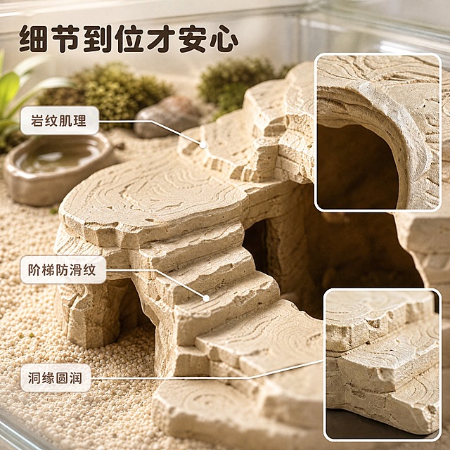 图生图背景替换：只把产品所处的背景换成真实的寄居蟹饲养箱内部场景，其余内容一律保持原样。严格保留原图全部既有元素——左上角圆体大标题「细节到位才安心」、三个白色圆角标签「岩纹肌理」「阶梯防滑纹」「洞缘圆润」及细引线、右上与右下两个白色圆角画中画卡片及其中的细节画面与边框，它们的位置、文字内容、排版和字号都不得改动，不得遮挡、变形或重画。新背景：透明玻璃饲养箱内部实景，暖米色细底砂自然铺开，远处虚化处有少量苔藓、迷你绿植、天然小石块与一只浅口小水盆，箱壁有极轻微的柔和高光与通透反光，呈现真实饲养箱的纵深与空间层次。主体产品保持与输入图完全一致的米黄色调、层叠岩纹、阶梯踏面与洞口圆弧结构，产品与砂面接触自然，有真实接触阴影，不悬浮、边缘不硬切、不残留原白底。光影：模拟饲养箱顶部灯具的柔和顶光加侧补光，微距浅景深，背景虚化干净通透，整体色调统一为奶油暖白，高级自然、不杂乱，禁止出现人物、多余手指、变形、色差、模糊、脏污、水印与平台 Logo。一比一正方形构图。