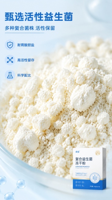 [第2屏] 益生菌原料展示，复合益生菌冻干粉核心成分专屏。本屏使用图1产品包装作为右下角辅助，主体为活性益生菌原料。
[氛围/风格] 科学专业感，微距拍摄质感，干净明亮。
[元素布局] 全屏展示益生菌预览效果