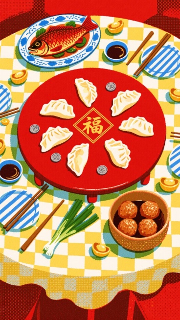新春美食手绘插画，俯视视角，红漆圆桌（画面正中间）摆着八枚元宝饺子（捏褶清晰，内藏硬币），周围分布着瓷盘装的红烧全鱼（桌左上角，鱼身完整）、陶钵装的四喜丸子（桌右下角，圆润饱满）；搭配青绿葱段、蓝边蘸预览效果