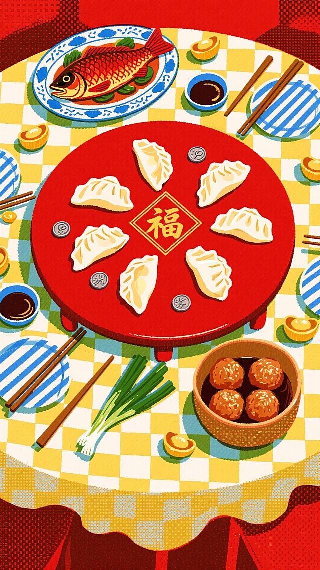 新春美食手绘插画，俯视视角，红漆圆桌（画面正中间）摆着八枚元宝饺子（捏褶清晰，内藏硬币），周围分布着瓷盘装的红烧全鱼（桌左上角，鱼身完整）、陶钵装的四喜丸子（桌右下角，圆润饱满）；搭配青绿葱段、蓝边蘸料碟（盛醋蒜汁）、蓝白条纹木筷，“福” 字红底金纹方贴、金色元宝散落在画面；正红底色，底部衬黄白格纹餐布；物品密集排布、填满画面，画面红火饱满，凸显除夕 “阖家围桌” 的热闹喜庆氛围。
