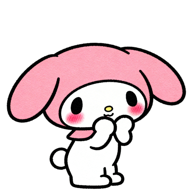 三丽鸥角色害羞表情动作设计，美乐蒂脸颊泛红，双手捂脸，身体微微侧转，软萌可爱风格，白色背景，清晰线条，适合服装印花预览效果