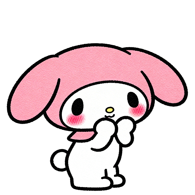 三丽鸥角色害羞表情动作设计，美乐蒂脸颊泛红，双手捂脸，身体微微侧转，软萌可爱风格，白色背景，清晰线条，适合服装印花