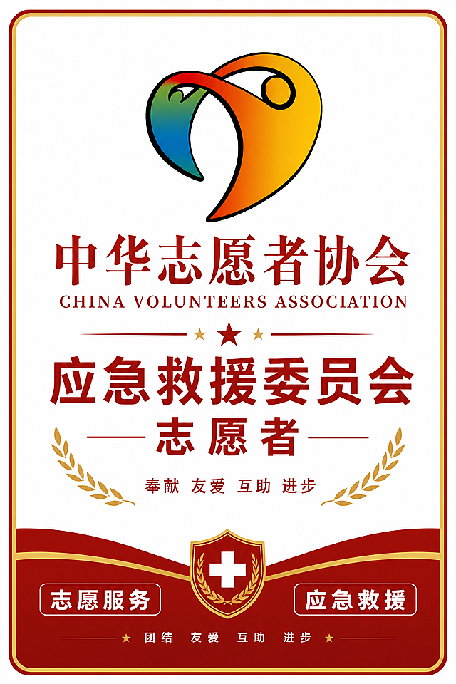 正式庄重的中华志愿者协会应急救援委员会志愿者标识牌，顶部放置渐变心形logo，居中排列大字体主标题“中华志愿者协会”，副标题“应急救援委员会 志愿者”，两侧点缀“志愿服务”“应急救援”文字标签，风格简洁规范，专业正式，适合实体印刷，画面排版精美，留白适中，文字清晰可读