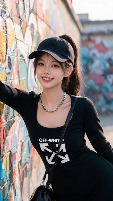 超写真真人质感，8K高清，下午3点明亮自然光，18岁元气甜酷潮牌千金，自然白皮，甜酷少女妆，黑茶色高马尾戴黑色棒球帽，体态活力四射，气质又甜又酷，身穿Off-White黑色修身连衣裙，金属链条项链，黑预览效果