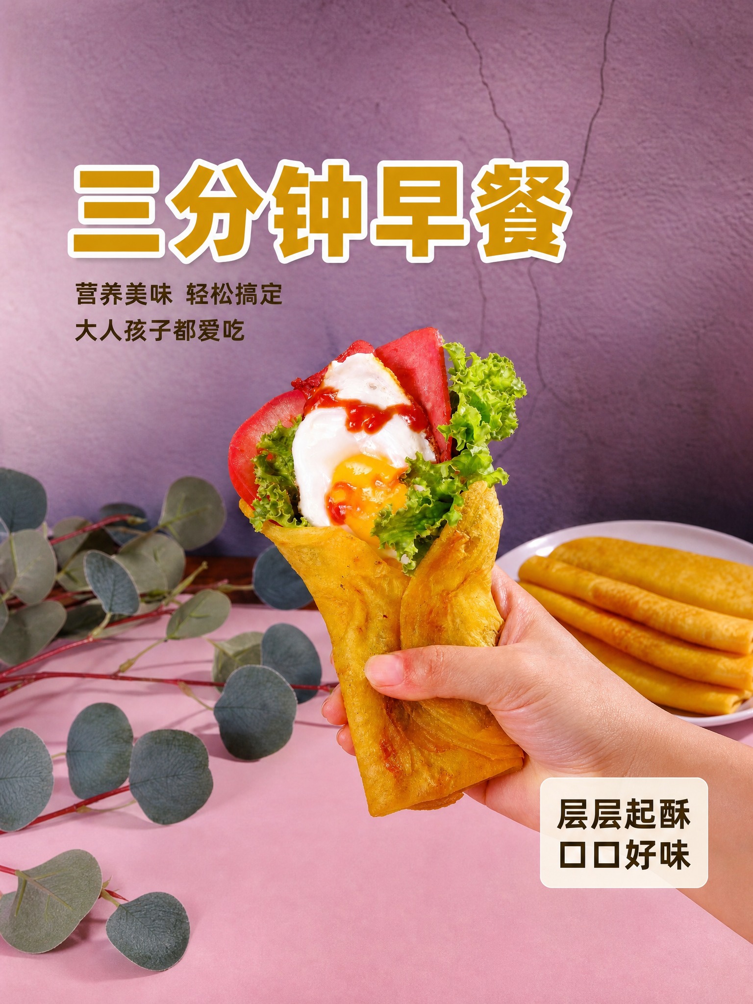 将这张三分钟早餐手抓饼图从1:1比例调整为3:4竖版比例，保持… - 图片创意预览