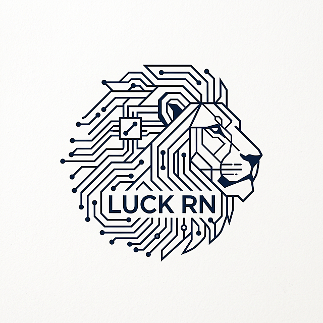极简线条创意logo，主体为融合电路的狮子头像，狮子的毛发就是向外延伸的芯片脉络，将文字"LUCK RN"自然融入设计中，几何感强，简约高级