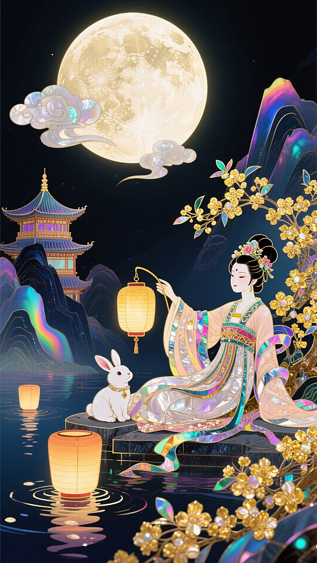 中式风格，嫦娥提着宫灯躺在花丛中，巨大的月亮，衣摆飘逸，身边跟着两只头戴桂花的小白兔。周围环绕着祥云和盛开的金色桂花，水面飘着河灯，背景有山脉楼台，深色幻彩背景，仰拍视角