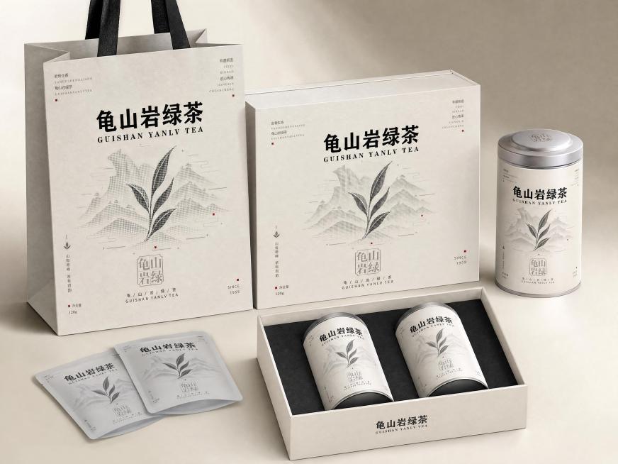 将这款龟山岩绿茶包装设计做成包含茶叶罐、茶叶礼盒、茶叶包装袋在内的多场景组合样机展示，整体风格简约高级，突出包装设计预览效果