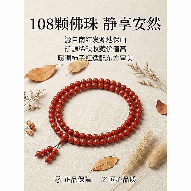 [主图5：文化寓意与服务]展示完整展开的108颗保山柿子红南红佛珠，放置在浅色棉麻背景上，周围散落几片干花装饰，营造简约宁静氛围。主标题"108颗佛珠 静享安然"，文案"源自南红发源地保山 矿源稀缺收藏价值高 暖调柿子红适配东方审美"，底部横向排列服务卖点"正品保障 匠心品质"，字体简约干净，整体构图平衡，风格与整套主图保持统一，舒适简约家居治愈感。
