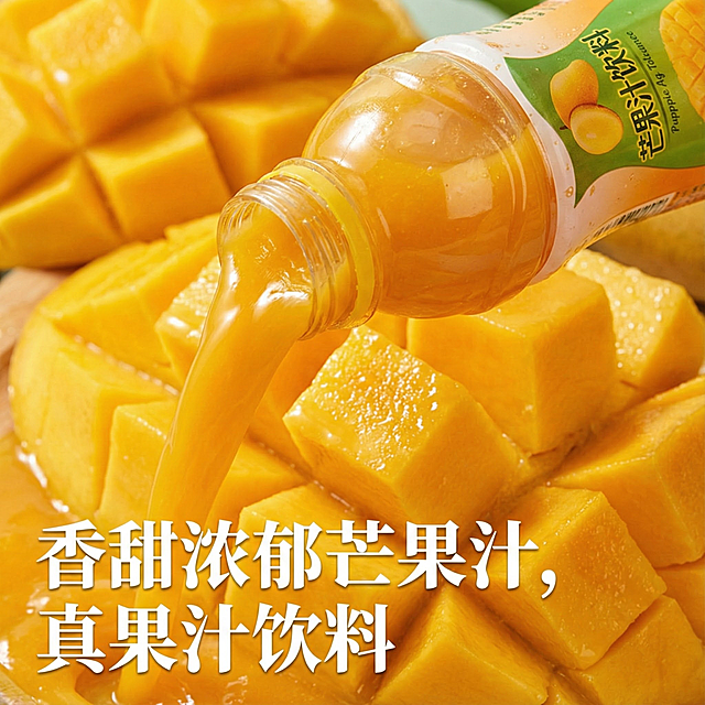 这张图片是产品主体这款产品是云南饮料 我需要设计10张主图在拼多多上面售卖    可以用家庭聚餐、节日团圆饭时，代替碳酸饮料，老人小孩都能喝；周末亲子时光，搭配水果拼盘、小零食，边吃边喝，氛围更温馨 进行主图场景布局设计一个高级主图  一些主图文案内容  口感层次丰富 香甜浓郁芒果汁 清爽解渴 真果汁饮料 酸甜可口不油腻 多种口味 云南永德特产 日期新鲜  冰镇饮用更佳 整箱发货 厂家直销 酸爽可口果味浓厚 锁住鲜果本味与营养 老人小孩都能放心喝 清甜不齁腻 酸甜比例黄金配比