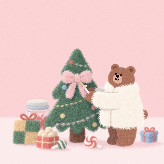 毛茸茸的拟人小熊装饰圣诞树，插画风搭配面料质感，粉色系温馨甜蜜，节日氛围满满。