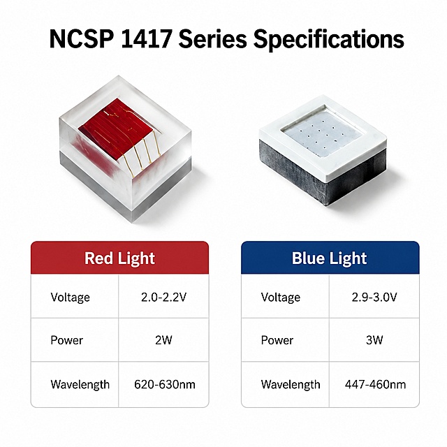 NCSP 1417 LED product parameter specification comparison image, 1000x1000, pure white background, clean technical datasheet style. Layout: two NCSP 1417 LED chips arranged side by side at top half, each with its own parameter card below. Left side: Red Light chip (red chip with gold wires inside transparent package) - parameter card below: Title 'Red Light', parameters: Voltage 2.0-2.2V, Power 2W, Wavelength 620-630nm. Right side: Blue Light chip (blue emitting chip with white frame) - parameter card below: Title 'Blue Light', parameters: Voltage 2.9-3.0V, Power 3W, Wavelength 447-460nm. Top center title: 'NCSP 1417 Series Specifications' in bold black font. All text in English, clear black sans-serif font. No LediCore logo. Layout clean and organized, professional technical style, sharp product details.