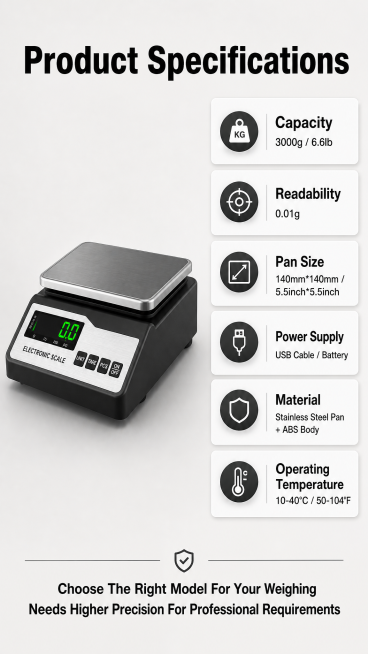 [第7屏] 规格参数表与选购指南-Specifications And Buying Guide.保持原产品外观整体展示在左侧。[氛围/风格] 清晰参数展示，专业整洁，信息一目了然。[元素布局] 左侧预览效果