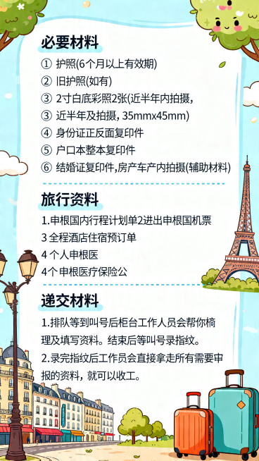 一张竖版可爱俏皮风格的海报，延续上一张可爱俏皮风格，包含法国及旅游元素插图，画面包含调整后文字内容：第一部分"必要材料：
① 护照(6 个月以上有效期)
② 旧护照(如有)
③ 2寸白底彩照2张(近半预览效果