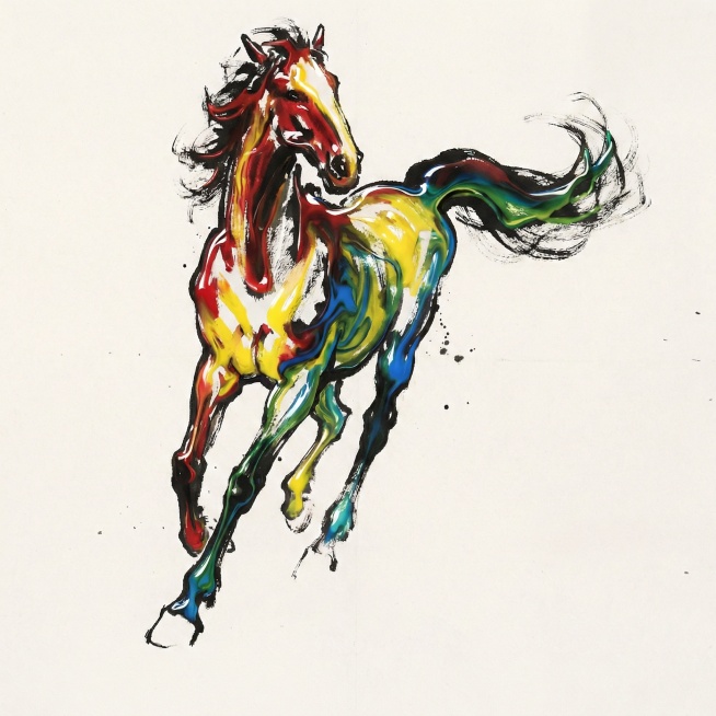 参考图二主题材质和色彩，修改图一线条风格的马，保留线条大写意风格，只改变色彩和材质预览效果