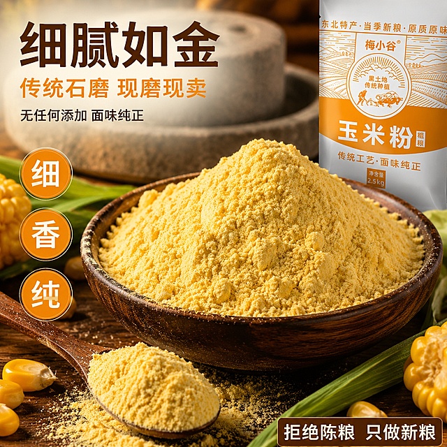 [主图-3] 粉质细节微距特写 细腻玉米粉展示。
[氛围风格] 微距美食摄影风 极致细腻 质感真实 专业商业摄影。
[画质] 微距超高清 粉质纹理清晰可见 光线柔和 细节丰富 商业摄影质感。
[元素] 画面中心为一大碗金黄玉米粉 堆成饱满的小山丘 粉质细腻均匀 有自然的颗粒纹理和起伏 碗为原木色深碗 碗边有木纹细节。碗的左侧放一把木质小勺 勺中盛满玉米粉 有少量粉末洒落在碗边和桌面上 展示粉质的细腻流动感。碗的周围散落着几瓣新鲜玉米 玉米粒饱满金黄 有翠绿的玉米叶点缀。桌面为深棕色原木纹理 质感厚重。背景虚化 隐约可见石磨的轮廓 暗示传统石磨工艺。画面右上角小区域露出梅小谷玉米粉包装袋一角 包装外观与输入产品图一致 作为品牌识别。保持粉质颜色和质感与输入产品图中的玉米粉一致 真实自然。
[光影] 侧上方柔和自然光 45度角照射 玉米粉颗粒形成细微的明暗对比 突出粉质的细腻层次和立体感 碗边有柔和高光 整体温暖通透 有食欲感 无硬阴影。
[配色] 主色金黄+米黄（玉米粉） 辅色原木棕+深褐 强调色翠绿（玉米叶）。
[视角构图] 俯视45度角 微距特写 碗中玉米粉为视觉中心 占据画面主要部分 周围勺和玉米作为点缀 背景虚化突出主体。
[文字版式] 左上角排版 主标题大字粗体"细腻如金" 深棕色最大号 下方辅助文案"传统石磨 现磨现卖" 橙黄色中号 再下方"无任何添加 面味纯正"小号深灰字。右侧有三个圆形小图标竖排 分别标注"细""香""纯" 橙底白字。底部右侧有"拒绝陈粮 只做新粮"白字加浅棕底。
[输出要求] 1:1比例 文字清晰锐利 超高清微距摄影质感。
[负向提示词] 变形 文字错乱 粉质模糊 背景杂乱 水印 电商平台Logo 多余的手 畸形手。
