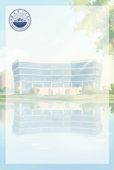 书籍内插页设计，A4尺寸，清新青春风格，使用潍坊理工学院校园标志性图书馆湖边景色做主体，采用明亮清新浅色调，降低颜色饱和度，整体明亮通透，留出文字排版区域，左上角放置校徽，充满青春朝气，符合大学氛围预览效果