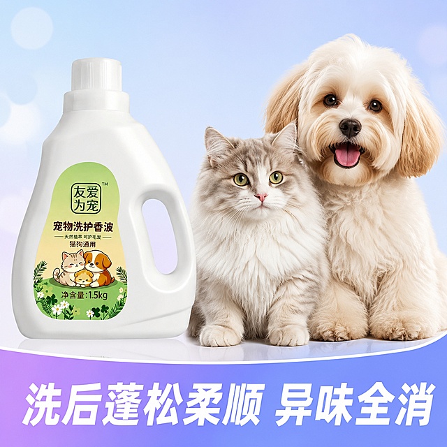 [主图-5] 友爱为宠宠物洗护香波使用效果展示。
[氛围风格] 干净蓬松治愈效果风
[画质] 商业摄影质感、光线柔和通透、产品清晰真实、画面干净高级
[元素] 画面右侧展示柔顺蓬松的猫咪和狗狗宠物毛发特写，左侧放置完整香波产品瓶身。保持产品外观即物理结构、材质质感、颜色与输入产品图绝对一致，杜绝任何变形和色差，精细化处理。产品和效果同框展示，直观突出使用结果
[光影] 自然光柔和打亮毛发，凸显蓬松质感，产品清晰轮廓光
[配色] 蓝紫浅渐变背景，毛发自然棕灰色调，整体和谐干净
[视角构图] 左右平衡构图，产品和效果并列，直观对比
[文字版式] 底部大字通栏结论"洗后蓬松柔顺 异味全消"，白色粗体字配蓝紫渐变底，清晰醒目
[输出要求] 1:1比例，文字清晰可辨，超高清商业摄影质感
[负向提示词] 变形，文字错乱，产品图模糊，背景杂乱，水印，电商平台Logo