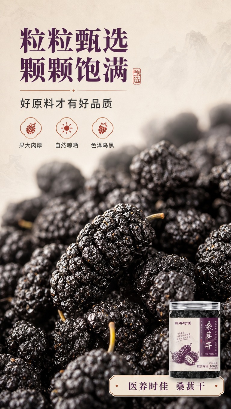 [商品] 本页为成分原料专张，以桑葚干原料实拍为主视觉；右下角… - 图片创意预览